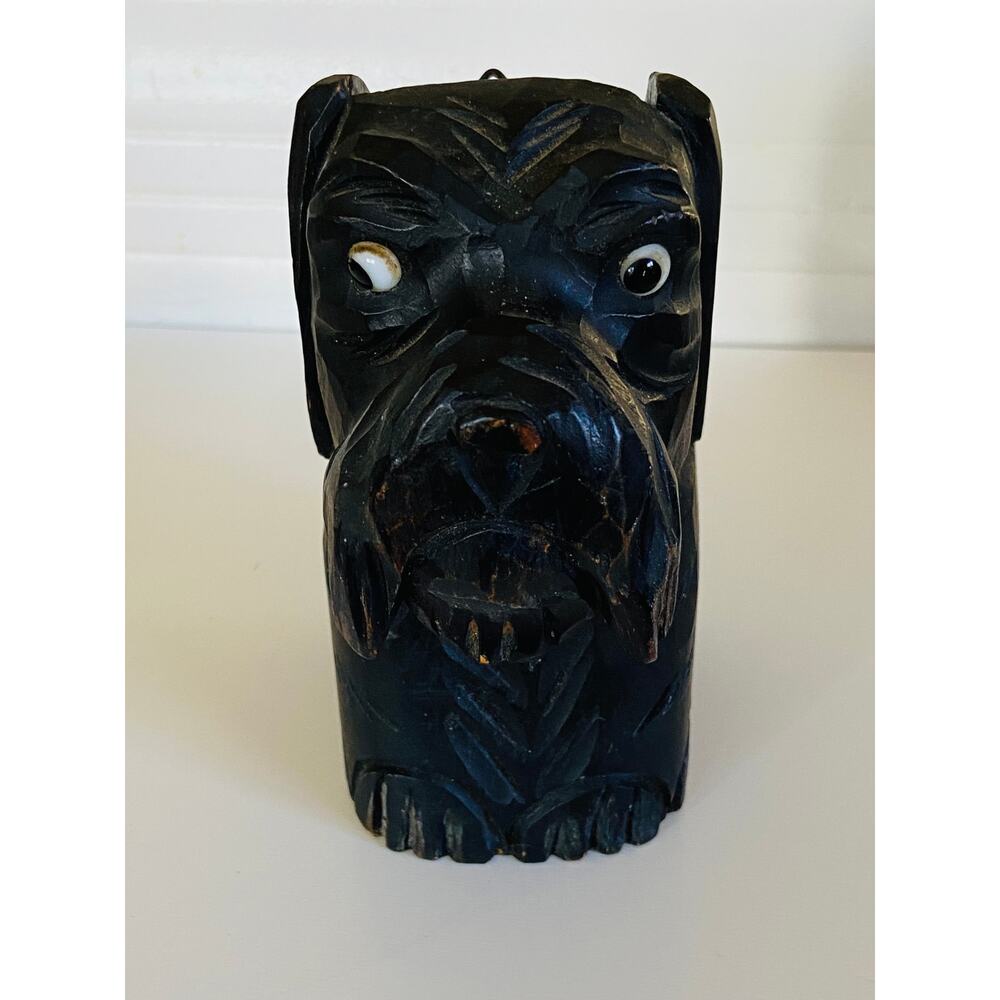VINTAGE Carved Wooden Terrier Dog Brush Holder Glass Eyes Black Forest Germany